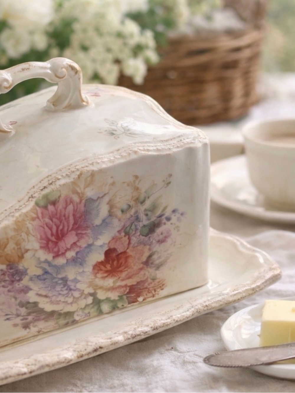 Antique Austrian Porcelain Floral Covered Dish Tray Cottagecore Decor - Picture 2 of 12